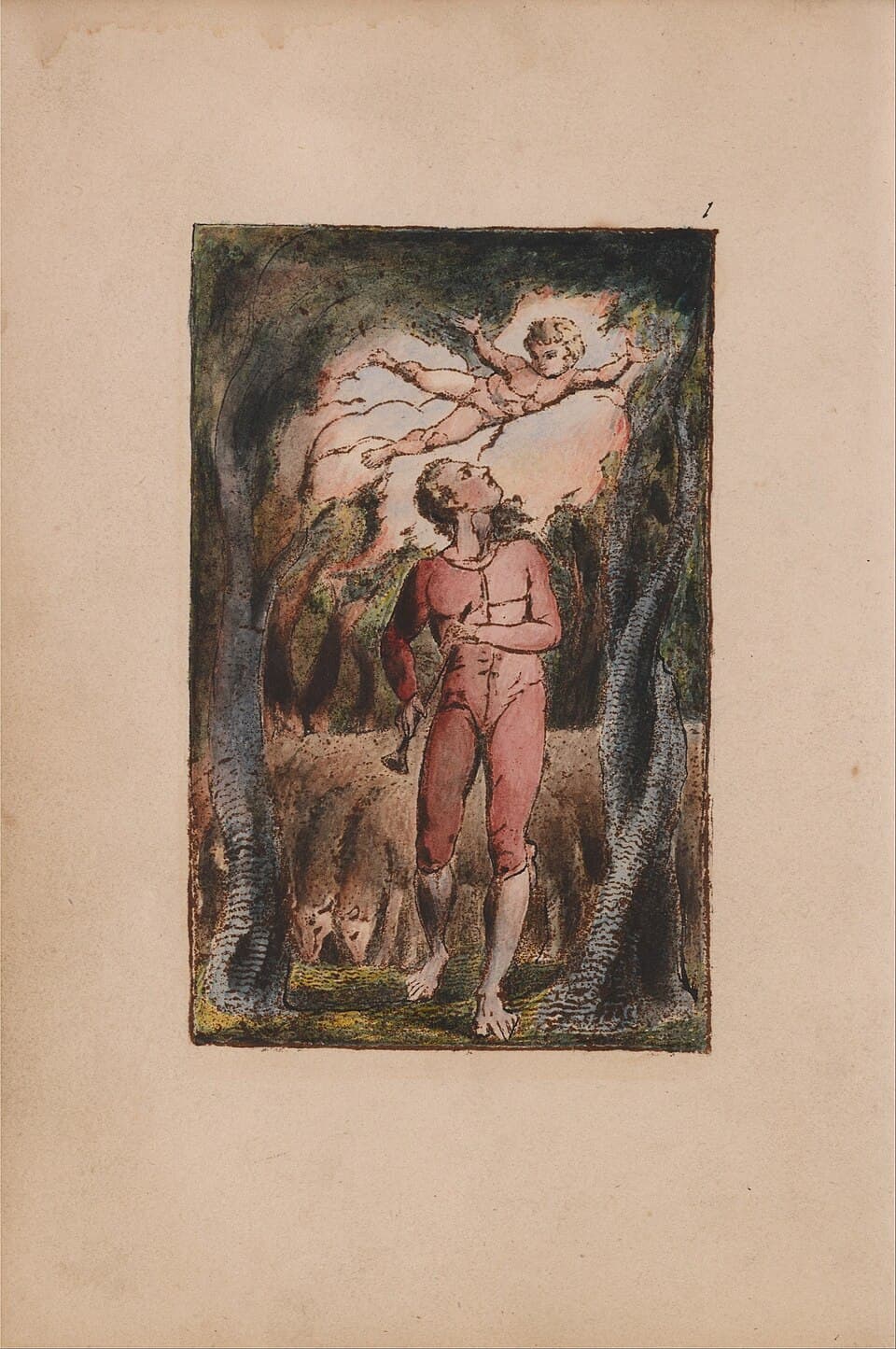 William Blake’s frontispiece to Songs of Innocence: a piper looking up at a child who floats among the trees.