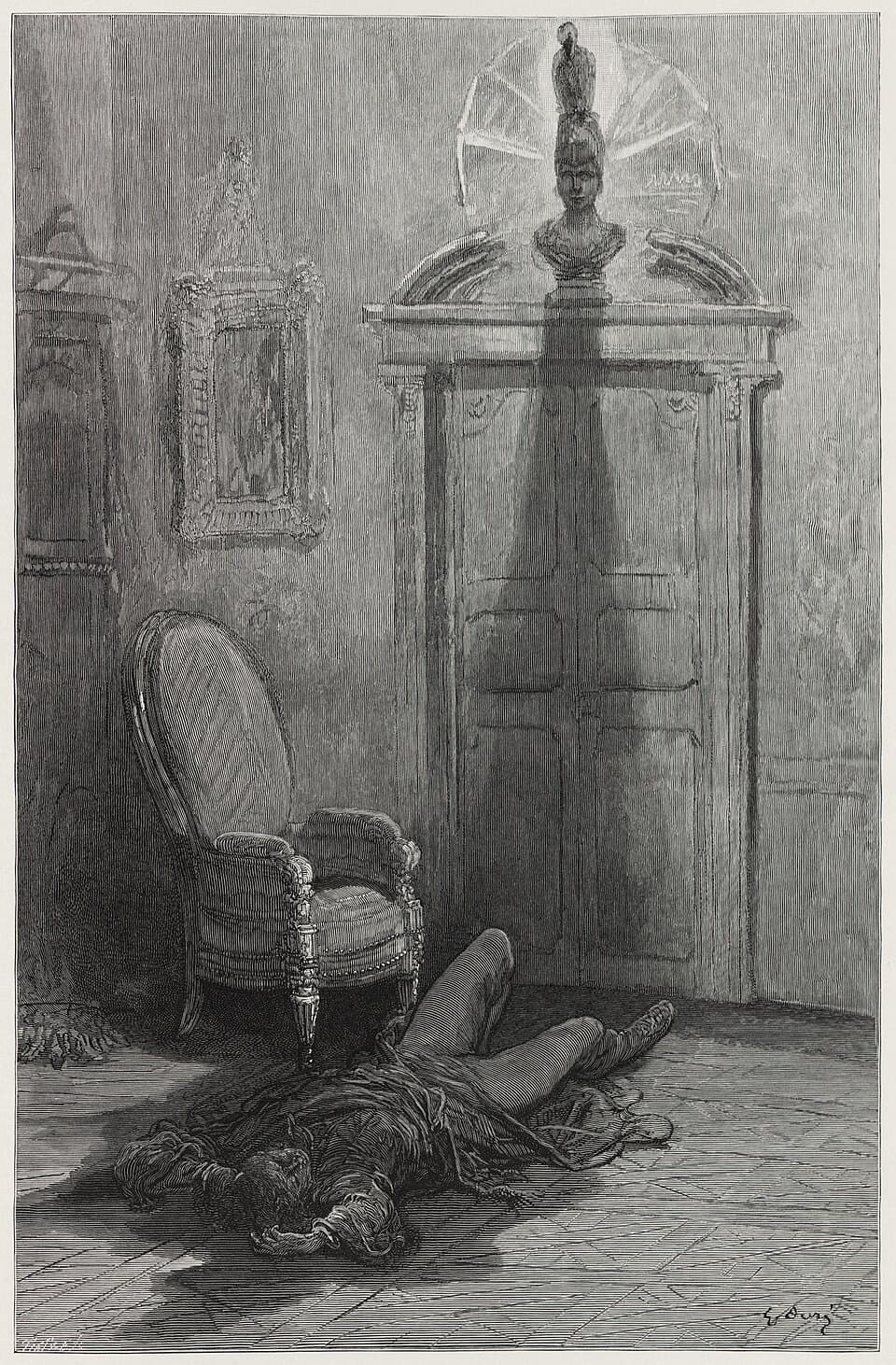 Gustave Doré’s engraving for The Raven: a figure on the floor, a raven on a bust above a door.